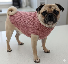 Pug Size Dog Sweater - Handknit Dusky Pink Bubble Pattern roll neck collar