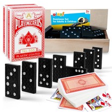 2 Pack Playing Cards Plastic Coated & 28 Dominoes Game Set Wooden Box Dominos