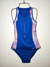 Speedo GB 12/34 Womens Panel Hydrasuit Blue /Purple Front Zip One Piece Swimsuit
