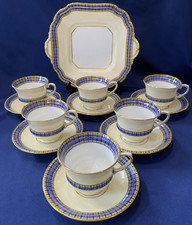 Aynsley Blue & Yellow Tartan Tea Set of 6 Cups & Saucers & Cake Plate B1693 1920