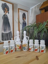 Vintage 60s 70s Milk Glass Spice Jars Cruet Set Colourful Poppy Floral Design 