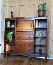 VINTAGE ART DECO BUREAU DESK BOOKCASE SHELVING SECRETAIRE IN OAK WITH KEY