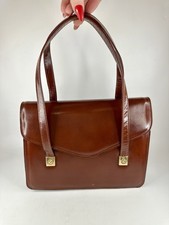 Vintage 1950’s Retro Leather Bag Handbag Brown Envelope Lid Golden Hardware