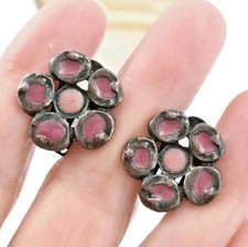 Unusual Floral Arty Artisan Clip On Flower Earrings Pink Inset Enamel ? 