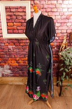 Vintage 70s Kaftan Boho House Dress Black Pattern Hippie M L