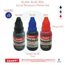 5 x 15ml LUXOR 985 Universal BLACK BLUE RED Permanent Marker Refill Ink Bottles
