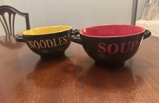 2 Brown Speckled Two Handled Soup Noodle Dish Red Yellow Inside Vintage Retro