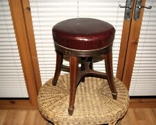 Antique Edwardian Four Leg Wood Piano Stool with Round Maroon Leather Seat Top