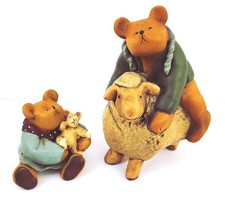 Annekabouke bear holding teddy & Colour Box bear sitting on sheep figurines