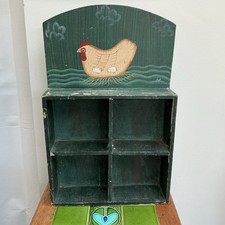 Shabby Chic cottage-style green wooden shelf organizer with Chicken