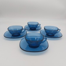 Vereco Blue Glass Cups & Saucers x4 Tea Coffee France 140ml 1970s Vintage