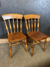 Antique Beech And Elm Dining Chairs Pair 