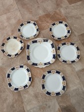 Antique Colclough China Plates Set Art Deco Blue Gold Floral Octagonal England