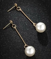 Womens Girls Gold Metal White Faux Pearl Dangle Drop Decor Earrings Party Gift