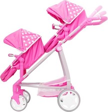 Dolly Tots Twin Pushchair | Pink Polka Dot Double Pushchair | Double Dolls Pram