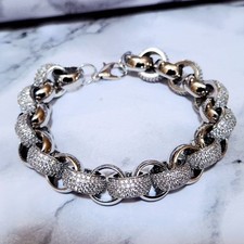 925 Sterling Silver Layered Belcher Bracelet 12mm Width 9" Length Cz Adjustable