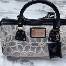 Floozie Women's Handbag Transparent With Cream Flowers Embroidery Black Handles