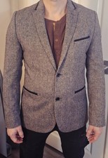 H&M Slim Fit Grey tweed Blazer with elbow pads  wool 