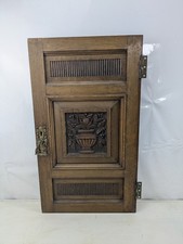 Antique Wooden Carved Oak Cupboard Door With Brass Hinges & Handle, Vintage