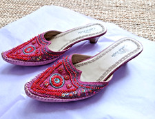 Sequinned Pretty Slipper Party Shoes Size 4 Small Heel Aladdin Style Red / Pink