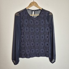 Next 6 Navy Sheer Chiffon Lace Front Blouse Top See Through