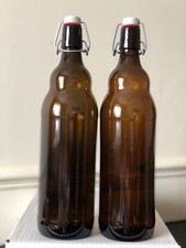 2x Empty Brown Glass Oil Water Bottles Rubber Plastic Metal Swing Stopper 1 L