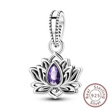 Purple Lotus Flower dangle charm S925 Sterling Silver for Women