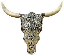 Large Stunning Hand Carved Aluminium Bison Skull With Mango Wooden Horns.