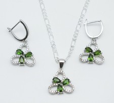 Faceted  Russian Green Chrome Diopside clover Sterling Silver earrings & pendant