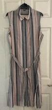 Primark Striped Midi Shirt Dress Size 16 Peach White Grey Collar Tie Belt