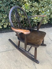 1960’s Ecrol Fleur de Lys,Elm, Four Spoke, Child/Low Rocking Chair, Marked Blue