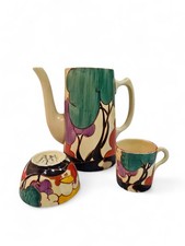 Clarice Cliff GREEN AUTUMN COFFEE POT, CAN AND SUGAR C.1931 - RESTORED