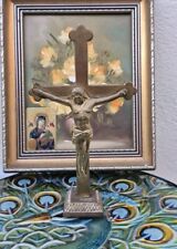 Antique 19C Brass Crucifix Jesus Cross Altar Stand - Christian - Catholic 