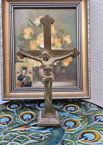 Antique 19c brass crucifix - brass,