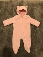 Immaculate Baby girl pram suit 3 6 months pink hooded soft fluffy plush