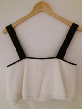 ZARA SIZE SMALL 8 10 WHITE BARDOT TOP BLACK STRAPS LAYERED CREAM IVORY O