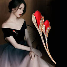 Scarlet Red Flower Lily Gold Brooch Vintage Style Diamante Brooch Pin Charm