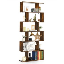 6-tier Bookcase Industrial S-Shaped Bookshelf Wooden Storage Display Rack