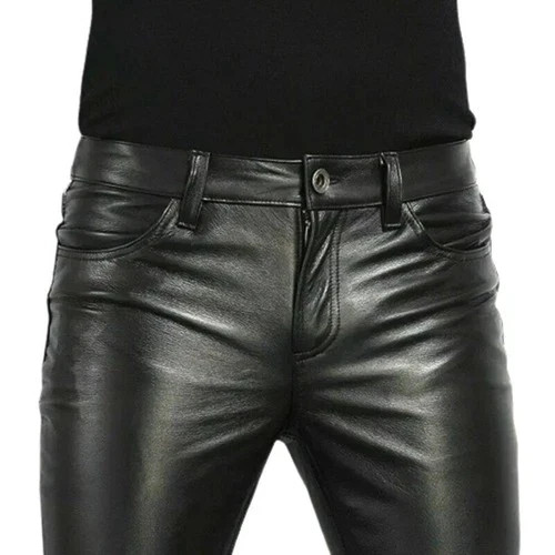 Mens black puleather trousers - black,