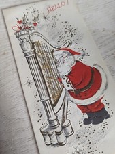 Vtg 1950's Santa Father Christmas Harp Music Musical UsedGreeting Card (EB4796