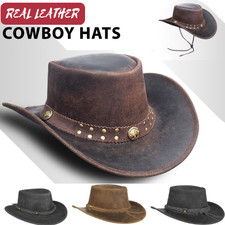 Cowboy Hat Real Leather Men Australian Western Cowboy Tan Outdoor Sun Hat Unisex