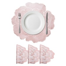 Rose Placemats Set of 4 Round Metallic Vinyl Pressed Placemats, White/Pink