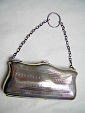 ANTIQUE NICKEL SILVER CHATELAINE PURSE w. LEATHER LINED INTERIOR