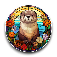 Cute Otter Animal Stained Glass Window Opaque Vinyl Sticker Decal 100x100mm