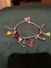 Ladies Silver Tone Snake Charm bracelet & 10 Disney Charms Princess,Apple & More