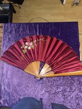 Antique Silk Fan , Dark Red Silk With Painted Flowers 32 Cm Long