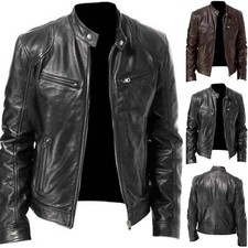 Men Vintage Cafe Racer Brown Black Leather Casual Slim Fit Real Biker Jackets