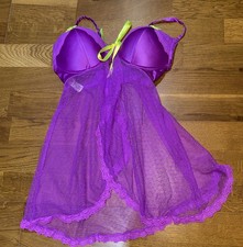La Senza Magenta & Yellow Bows Mesh & Lace Babydoll Top Size Small Push Up