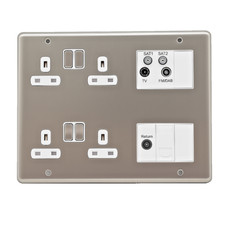 Deta Decorative Lounge Plate 4 Gang 13A DP Switched Socket- Satin Chrome/ White