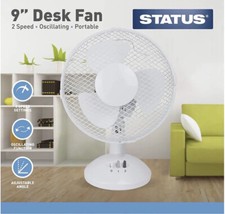 Status Portable 9" Air Cooling Desk Fan With 2 Speed Setting, Oscillating, White